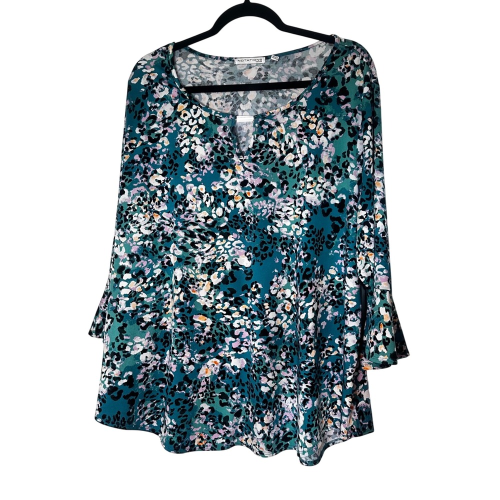 Notations Woman 3X Teal Floral Leopard Animal Print Tunic Top Bell Sleeve Plus